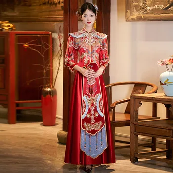 Retro Chineză Rochie De Mireasa Broderie Tradițională Cheongsam Vintage Red Formale Qipao Femeile Bărbat Stil Oriental Tang Costum