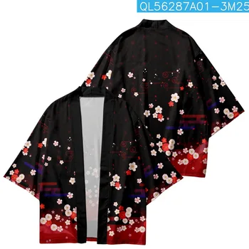 Desene Animate Floare De Cires Tipărite Kimono Negru 2023 Japoneze Femei Barbati Vara Plaja Cardigan Yukata Haori Tricouri Top