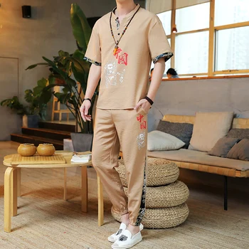 Lenjerie de lipitură de Imprimare Hanfu Seturi Chineză Stil Masculin Tradițional Tang Costum Kung Fu Taichi Top T-shirt, Pantaloni de Vara Barbati din Bumbac Set