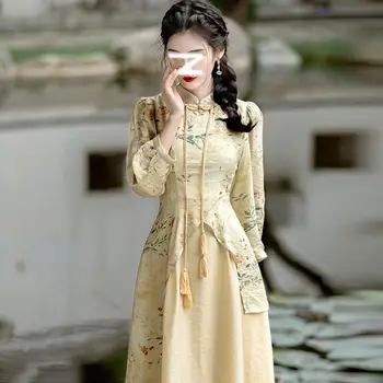 Pmwrun Caise Nobil Dor Cheongsam Cu Maneca Lunga Model de Frunze Llayered O-LINIE Stil Chinezesc Qipao Rochie
