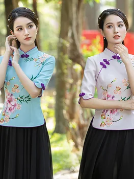 Broderie Cheongsam De Imprimare De Top Femei Subțire Elegant Tradițională Chineză Haine China Tricouri Vintage Tang Costum Stil Etnic