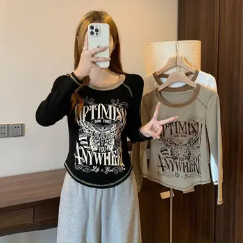 2023 Trend Toamna T-shirt Femei Maneca Lunga Nou coreean Raglan Umăr Topuri Contrast Print Vintage Femei Strânse Preppy Punk Tees