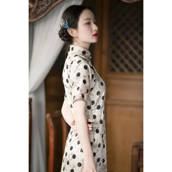 2022 Polka Dot Short Sleeve Slim Imprimare Mijlocul Retro Cheongsam pentru Femei Elegante Mare Fantă Chineză Tradițională Orientală Rochie