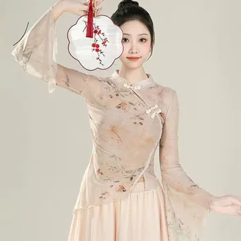 Cheongsam Femei Plus Dimensiune Topuri 2024 Tesatura de Sifon Printuri Despicare Volane neregulate Chineză Stil de Dans Qipao Tricouri Femeie