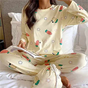 Noi Morcov Pijamale pentru Femei Primavara Două bucăți de Desene animate Drăguț Lenjerie Pijama Seturi Set Imprimare Lung Maneca