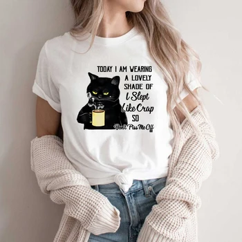 Iubitor De Cafea Cat Tricou Negru Cat T-Shirt Iubitorii De Pisici Tee Amuzant Pisica Mama Tricouri Kawaii Grafic Retro Teuri Harajuku Topuri